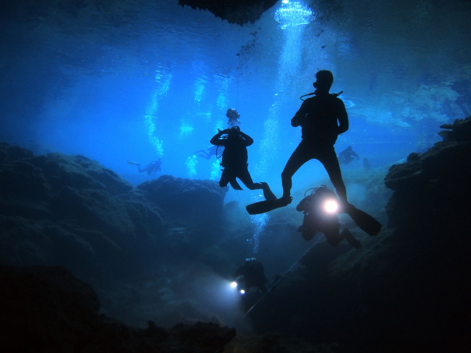 Divers in cenote Eden, Yucatan Peninsula, Mexico, underwater photograph